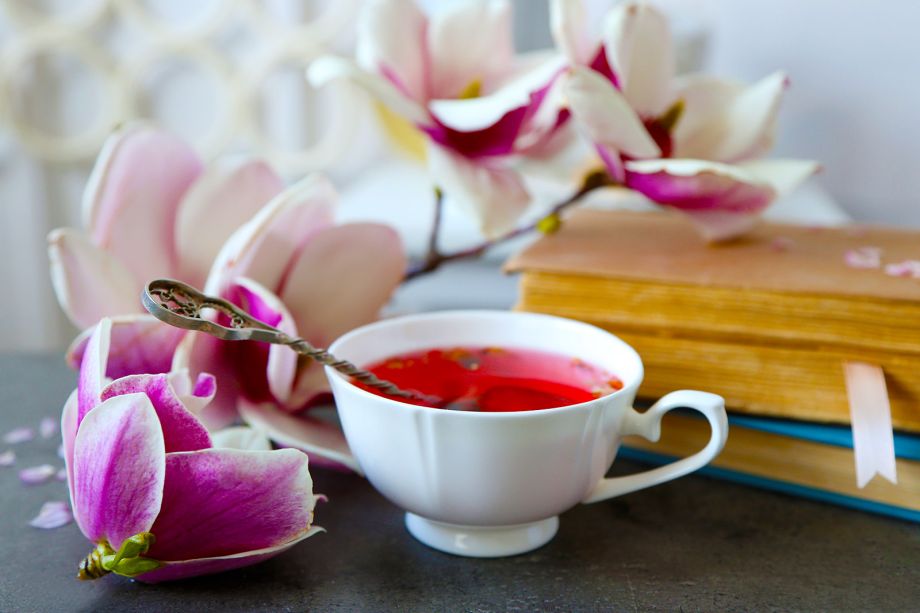 Tasse Feng Shui Tee frisch und rot leuchtend mit Magnolien